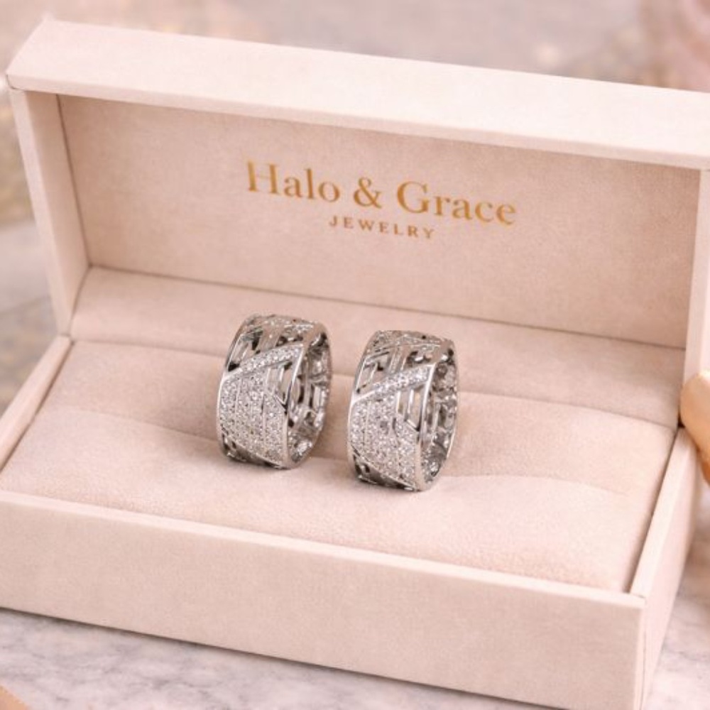 White Gold Earrings Hoops Greek pave' design